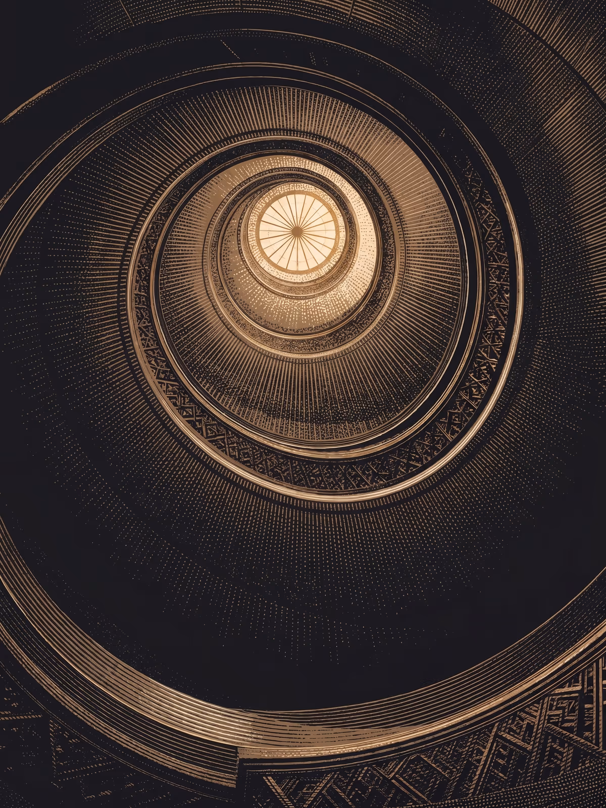 Escalera de caracol vista desde abajo, abriéndose en espiral hacia una claraboya cálida.