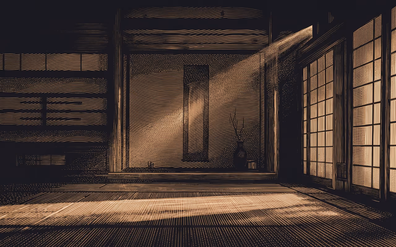 Interior de un dojo de madera, vacío y en calma.