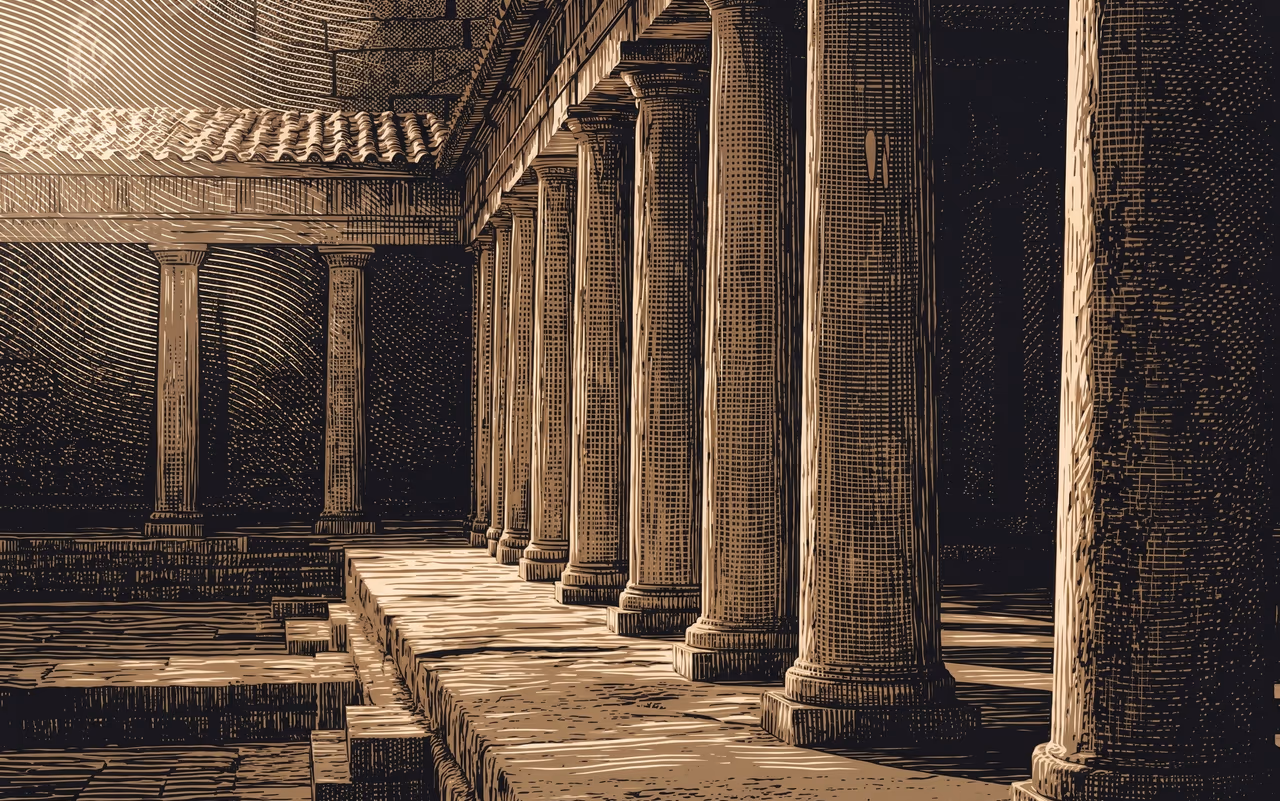 Columnas de piedra de un gimnasio griego con luz lateral.