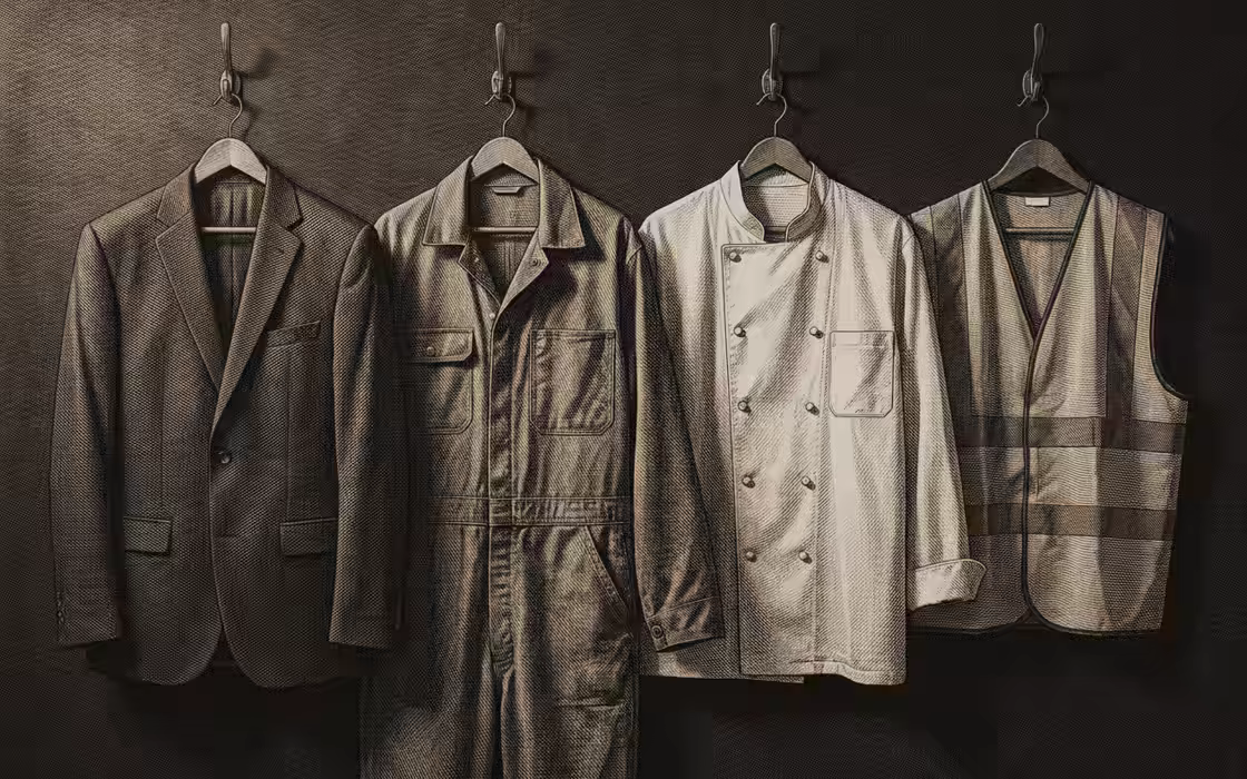Grabado: chaquetas de oficios distintos colgadas en hilera.