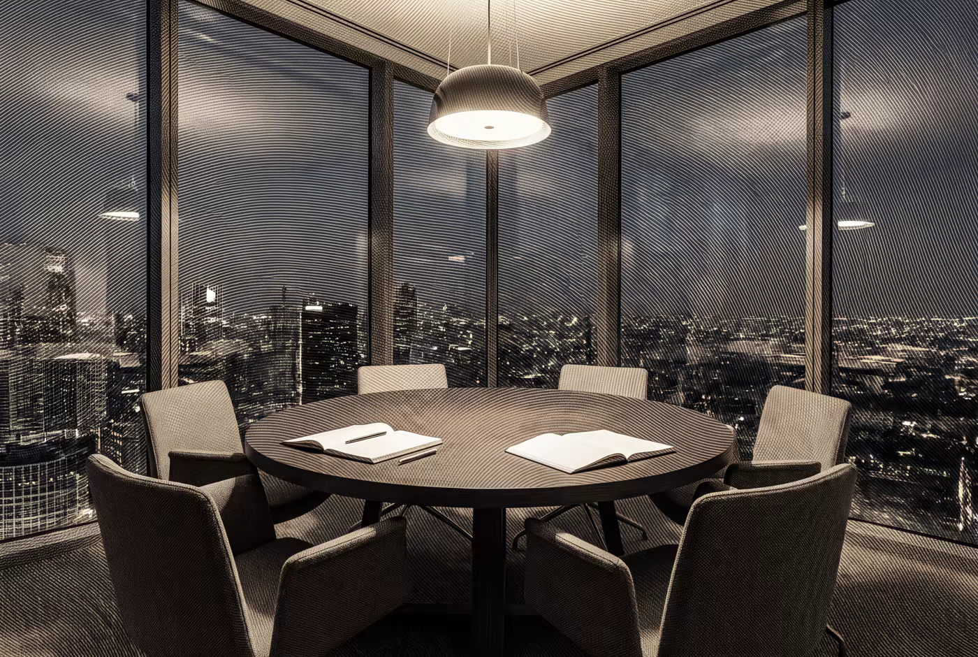 Grabado en bronce: una mesa redonda con cuadernos abiertos en una sala de cristal sobre la ciudad.