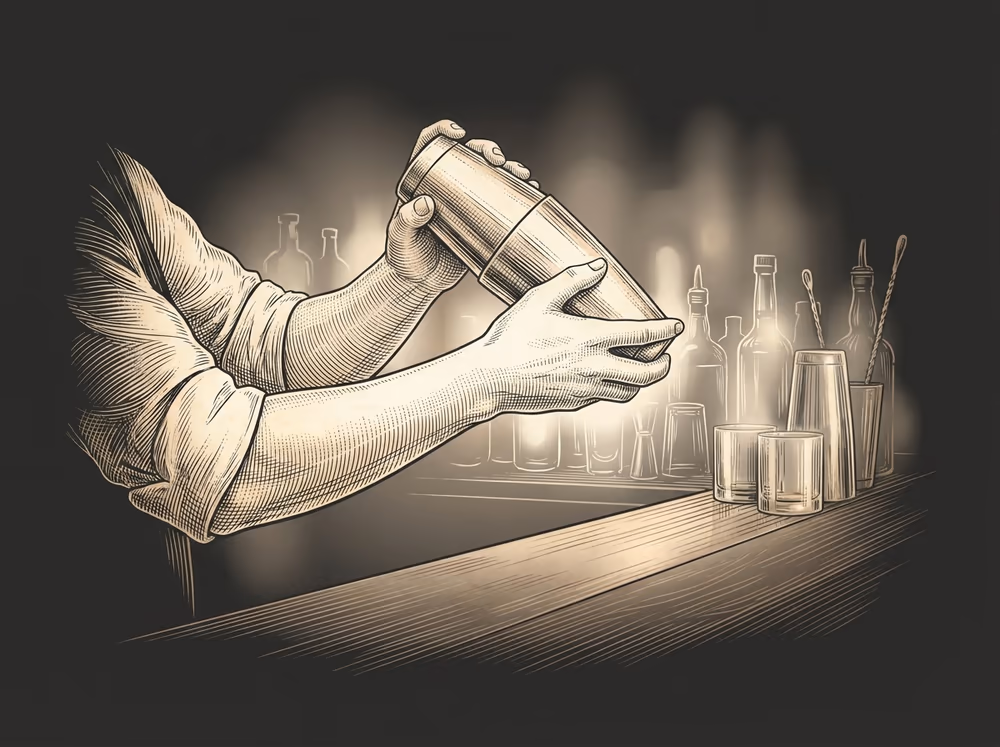 Dos manos agitando una coctelera tras la barra, grabado