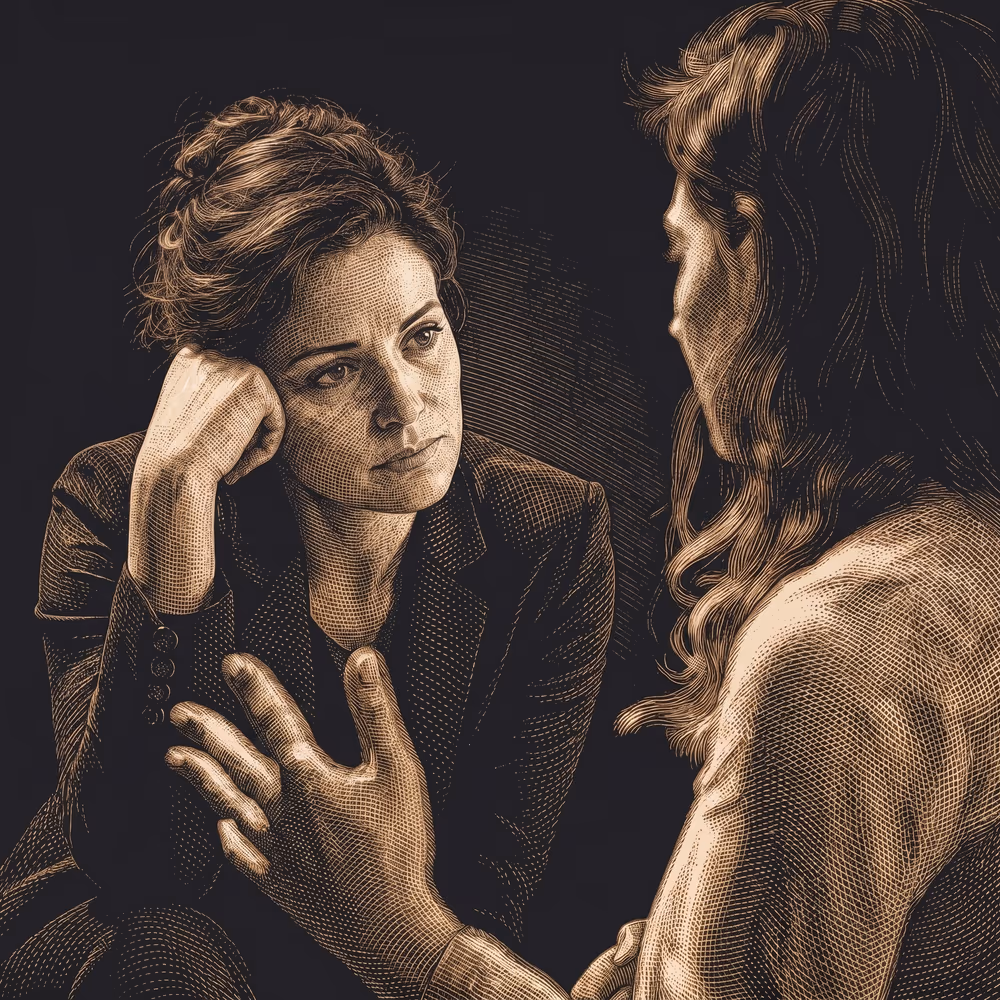Conversación uno a uno en penumbra: una persona escucha con atención plena.