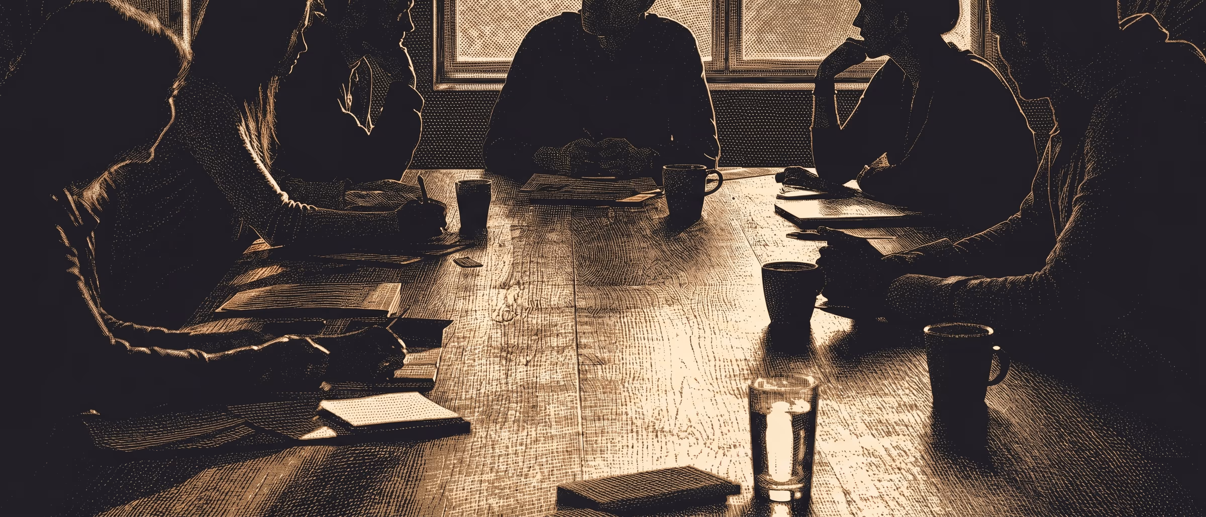 Un equipo conversa a contraluz alrededor de una mesa larga de madera.
