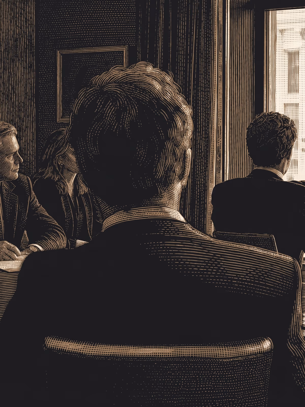 Reunión de dirección vista por encima del hombro: tensión contenida alrededor de la mesa.