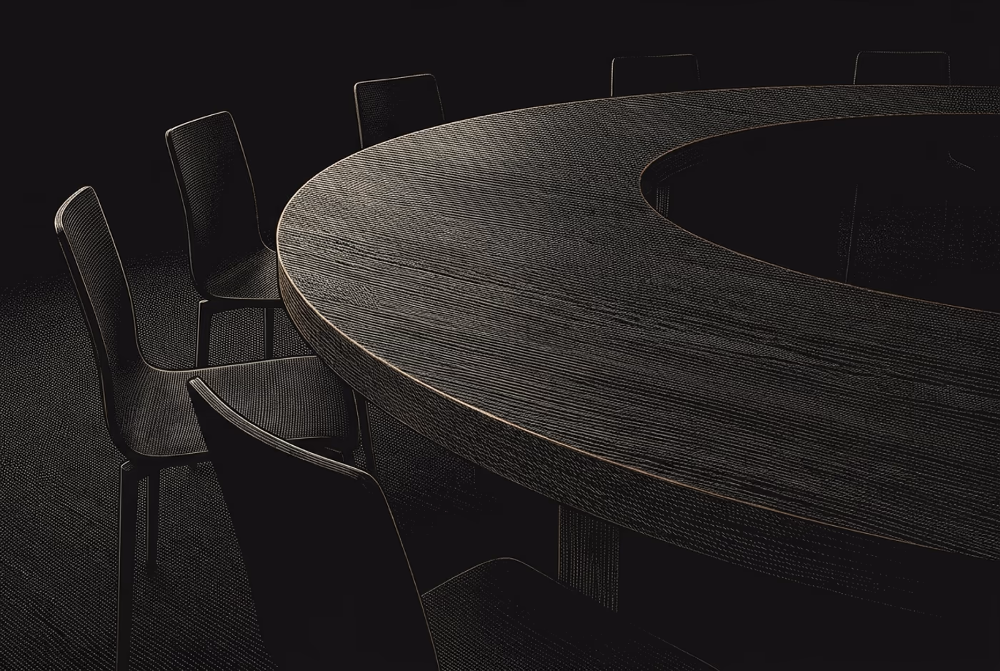 El canto de una mesa redonda con sus sillas, grabado