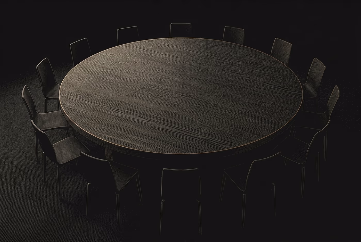 Una mesa redonda con doce sillas, una retirada, grabado