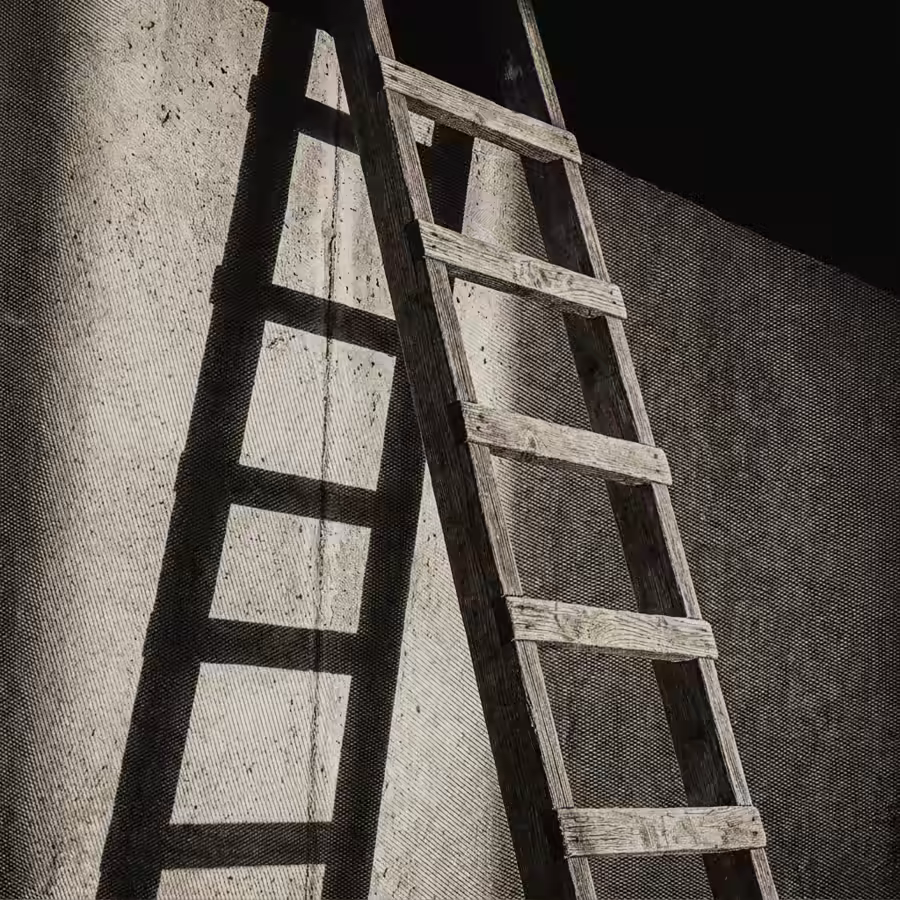 Una escalera de mano apoyada en un muro de hormigón, en grabado.