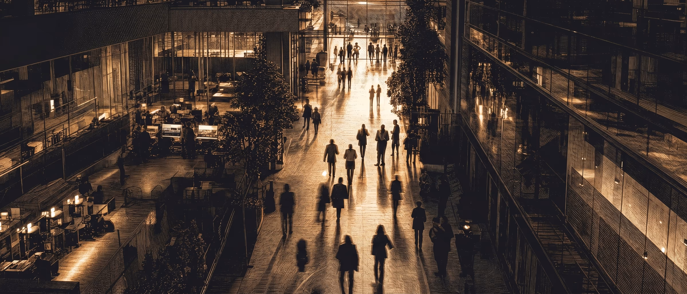 Un atrio de oficinas en movimiento al atardecer: figuras desenfocadas entre luz cálida y cristal.