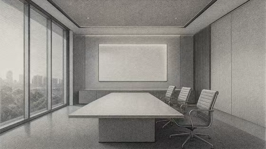 Una sala de reuniones contemporánea con la pantalla encendida y tres sillas