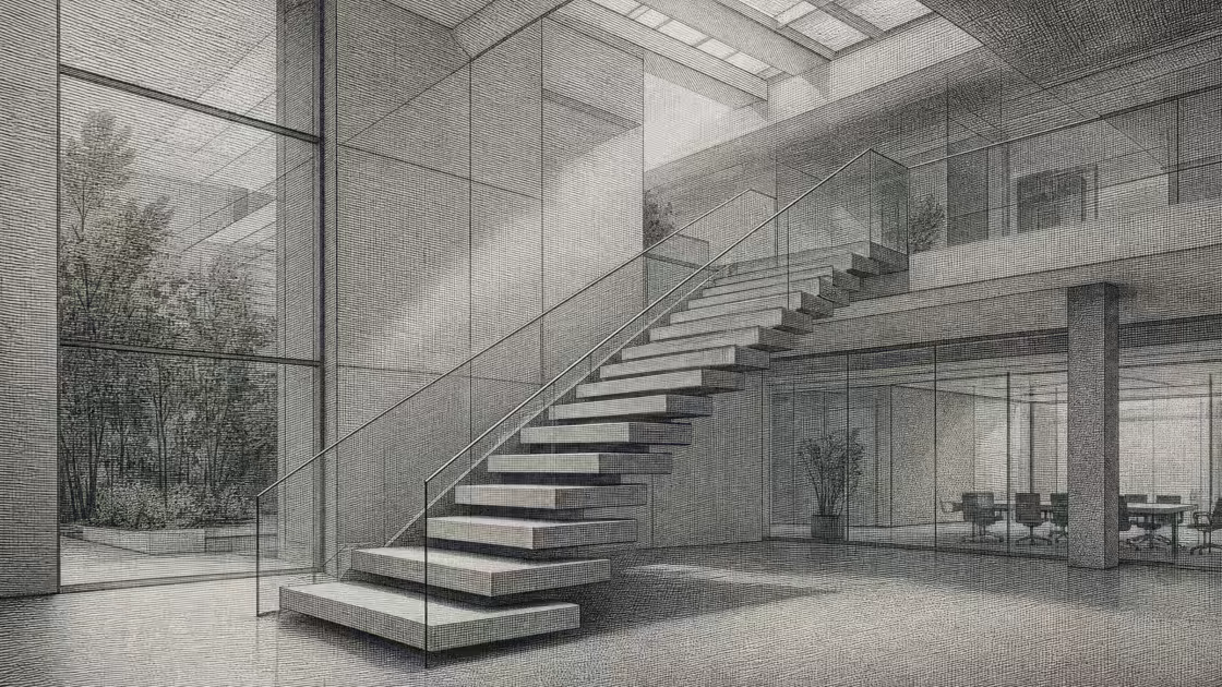 Una escalera volada de hormigón y vidrio en un atrio luminoso