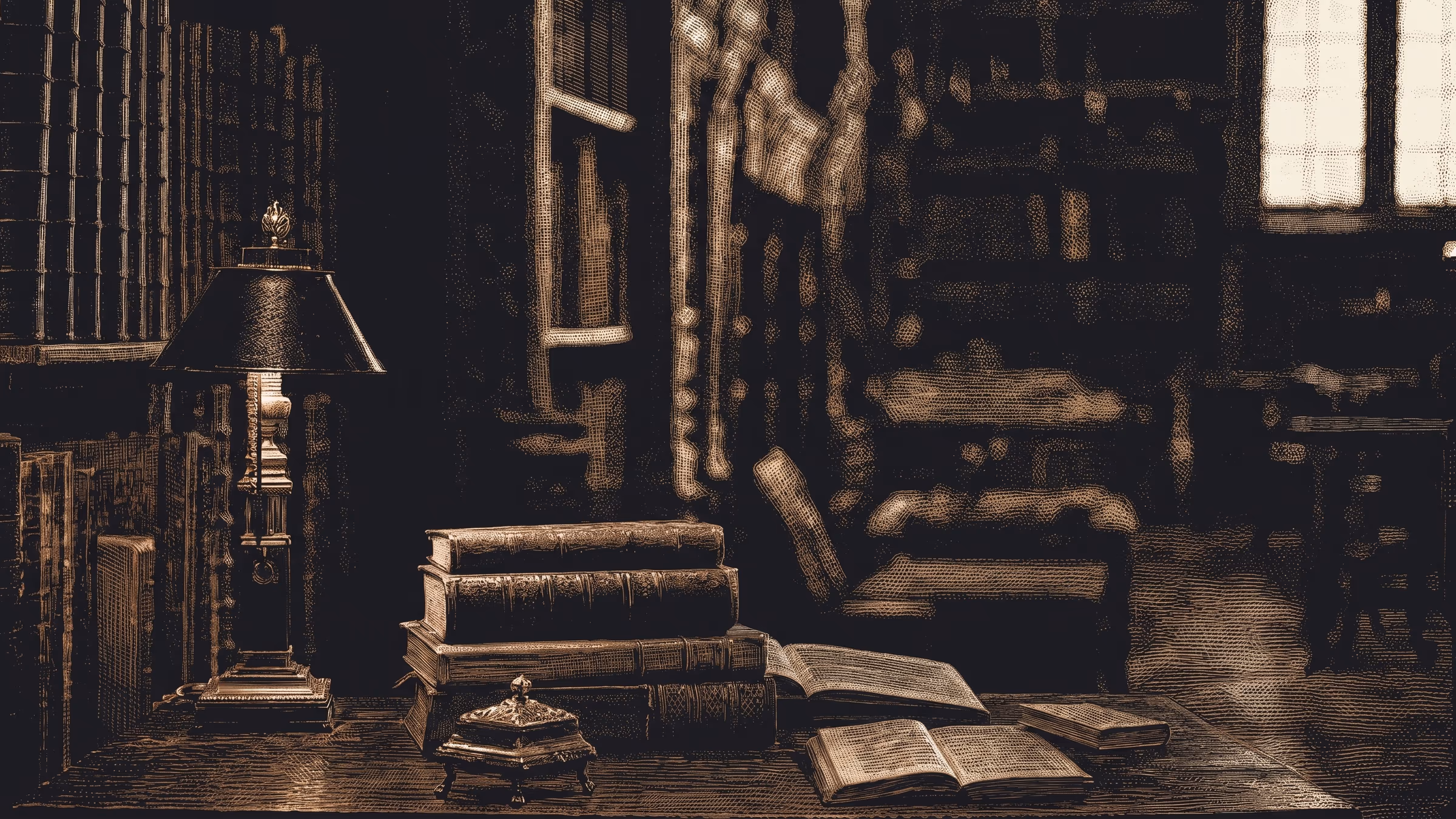 Biblioteca antigua en penumbra: la herencia intelectual del Buen Liderazgo.