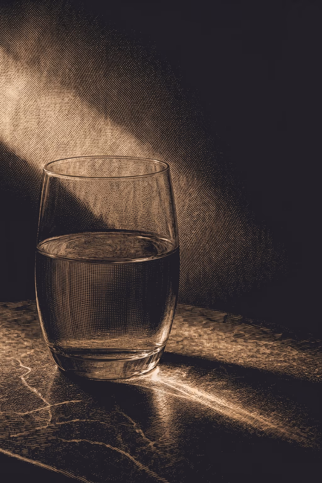 Un vaso de vidrio con agua y luz cálida: la metáfora del tamaño del vaso.